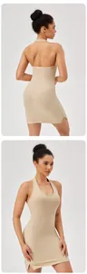 Close-up front and back view of a beige ribbed halter neck backless bodycon sports dress