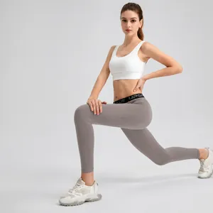 High-waist grey elastic yoga leggings for women breathable quick-dry fitness gym pants