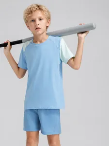 Boys Summer Athletic T-Shirt Breathable Nylon Spandex Short Sleeve Top Contrast Color Casual Sport Shirt For Running