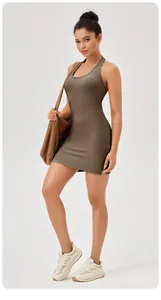 Backless halter sports dress with built-in chest pads for tennis and yoga fitness