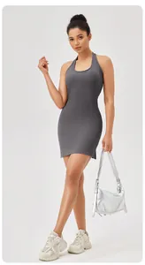 Grey halter backless sporty mini dress for women, ideal for yoga and tennis