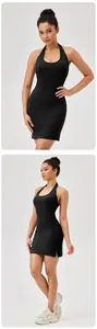 Front and side view of black ribbed halter-neck tennis dress with pads
