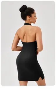 Detailed rear view of a black halter backless mini sports dress for tennis and yoga