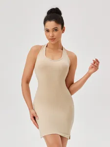 Professional beige halter neck bodycon athletic mini dress with built-in pads for women