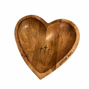 Hand-carved heart-shaped wooden prayer bowl with cross symbol for religious home decor