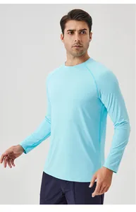 T-shirt de sport manches longues homme en soie glacée bleu clair pour course et fitness