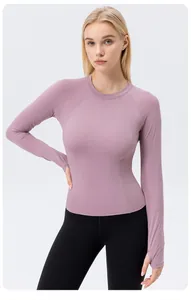Front view of women's long-sleeve tight yoga top in mauve with high stretch fit