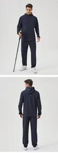 Full view of men's navy blue quick-dry tracksuit including hooded jacket and pants