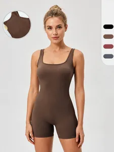 Combinaison de Yoga à Col Carré pour Femmes Coupe Ajustée Bodysuit de Sport Avec Coussinets de Poitrine Amovibles Haute Élasticité Remonte-Fesses Jumpsuit de Gym