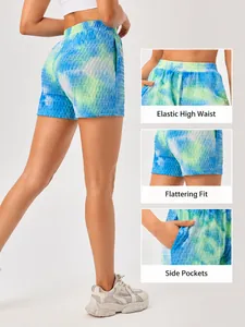 Loose fast-dry tie-dye sports shorts for women with elastic high waist and side pockets