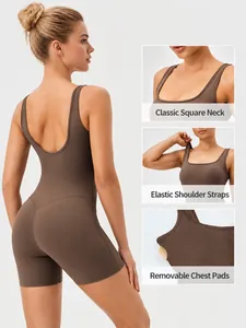 Body de yoga marron pour femme avec encolure carrée et coussinets de poitrine amovibles