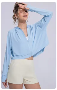 Light blue ice silk sun protection jacket with thumb holes and hood for women