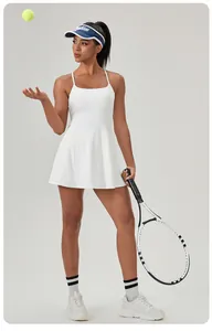 Detailed full-body view of a white quick-dry tennis dress with built-in shorts and bra