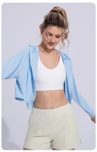 Detail of a breathable light blue ice silk sun protection jacket worn by a female model