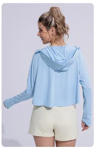 Detailed back view of a light blue ice silk sun protection hoodie for outdoor sports