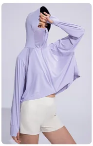 Light purple sun protection jacket for women with hooded face mask and wide brim