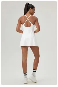 Back view of a white quick-dry athletic tennis dress featuring cross-back straps detail