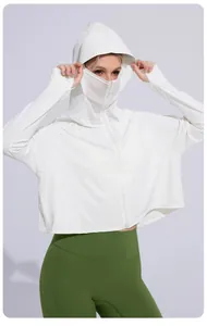 White women's breathable ice silk sun protection jacket with built-in face mask hoodie