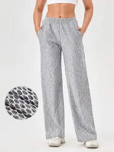 Dames Hoge Taille Sportbroek Geometrische Wafeltextuur Rechte Pijp Losse Bedrukte Broek Voor Hardlopen Fitness Yoga Dagelijkse Casual Kleding Bottom