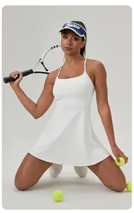 Women's white tennis dress with built-in bra, quick-dry athletic wear for sports.