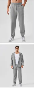 Full body and detail view of men's grey straight-leg sports pants for outdoor fitness