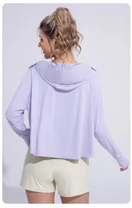 Back view of women's loose lavender hooded sun protection jacket for outdoor sports