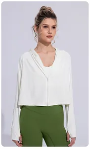 Full front view of a women's white hooded ice silk sun protection jacket on a model