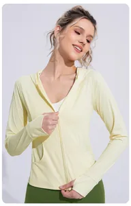 Women's light yellow cooling ice silk sun protection hoodie with full zipper detail