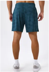 Detailed back view of men's patterned quick-dry athletic shorts for gym and running