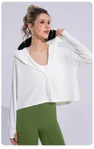 White ice silk UV protection jacket with a black brimmed hood shown on a female model