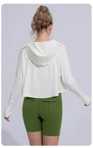 Rear view of white lightweight breathable hooded sun protection jacket for women