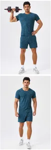 Men's blue quick-dry camo sports t-shirt and shorts set for fitness and running