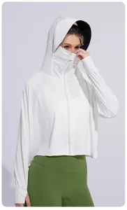 Close-up detail of white hooded sun protection jacket with integrated face mask and wide brim.