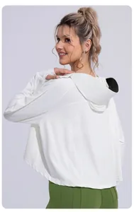 Back view detail of a white ice silk hooded UV-protection sun jacket