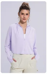Front view of a light purple hooded sun protection jacket for women outdoor sports