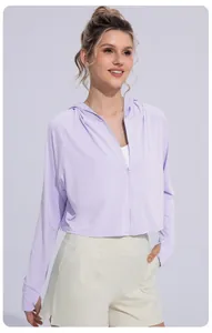 Detail of breathable light purple summer sun-protective hoodie for outdoor sports