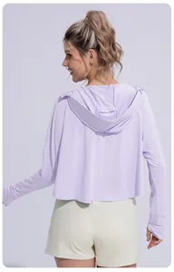 Detailed back view of women's lavender ice silk sun protection hoodie for sport