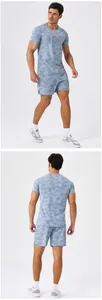 Full view of men's blue camo quick-dry breathable sports t-shirt and shorts set
