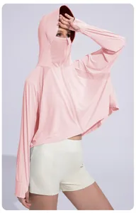 Detail view of a pink ice silk sun protection hoodie with a face mask and brim.