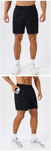 Side view of men's quick-dry camouflage sports shorts with a functional phone pocket