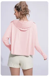 Detailed back view of a women's light pink ice silk sun protection hoodie for outdoor sports