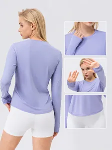 T-shirt de yoga à manches longues en soie glacée lavande pour femme avec passe-pouces