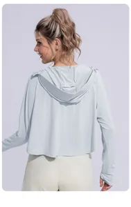 Back view of women's breathable light blue sun protection jacket with hood and thumb hole