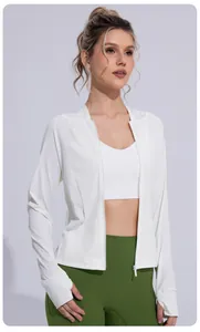 Close-up detail of a white slim-fit sun protection jacket with functional thumb holes.