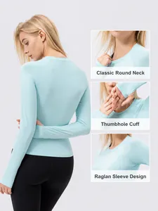 Women's cooling long sleeve sun protection yoga shirt with thumb holes in light blue