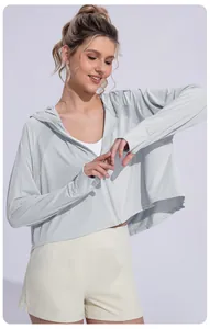 Detailed view of women's hooded ice silk sun protection jacket in light grey for outdoor