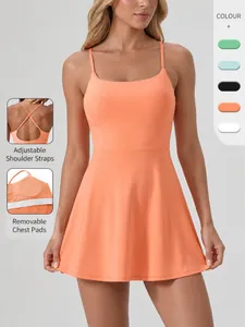 Women Athletic One Piece Tennis Dress Polyester Quick Dry Naked Feel With Chest Pads Running Fitness Workout Slim Dress