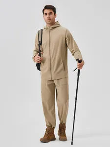 Men's khaki quick-dry outdoor hiking pants and hooded sports jacket set for training