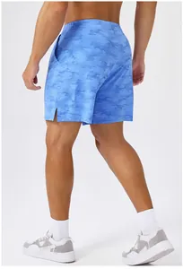 Detailed rear view of men's blue camouflage quick-dry breathable sports shorts for fitness