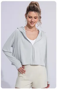 Lightweight ice silk sun protection hooded jacket for women in light gray